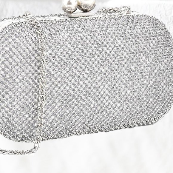 Evening Clutch Shoulder Bag Silver Purse Wedding Handbag Party Prom Bridal Gift - Picture 7 of 9